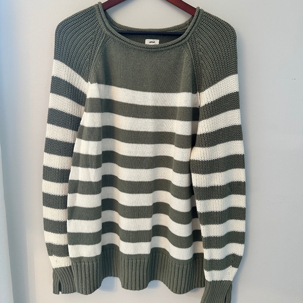 Aerie Bistro Oversized Comfy Green White Striped Knit Cozy Sweater 100% Cotton